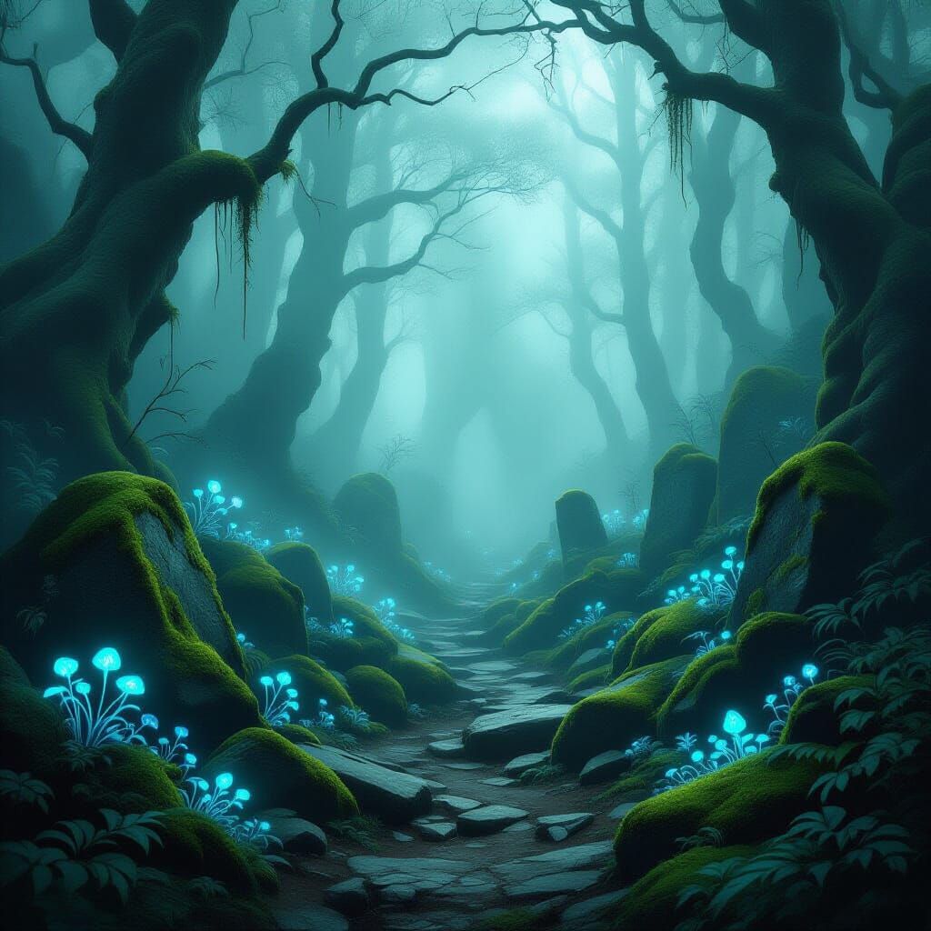 Mysterious Forest Path in Ethereal Fog