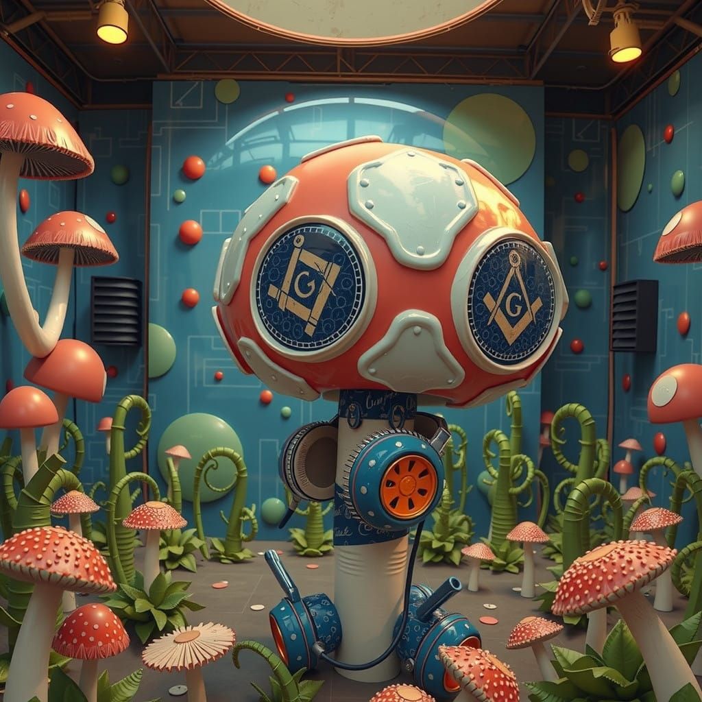 Surreal Blue and White Linocut Mushroom Print Moderates Indu...