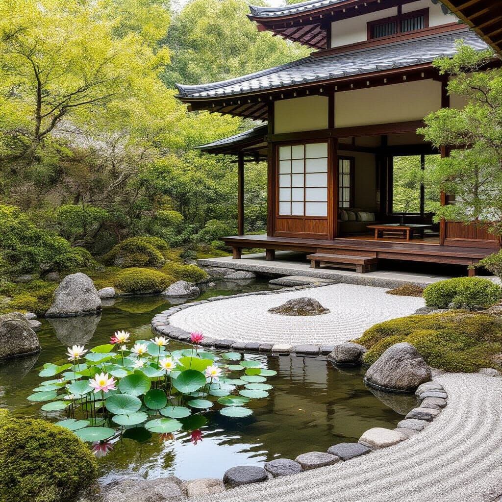 Peaceful Zen Garden with Water Lilies in Ukiyo-e Style