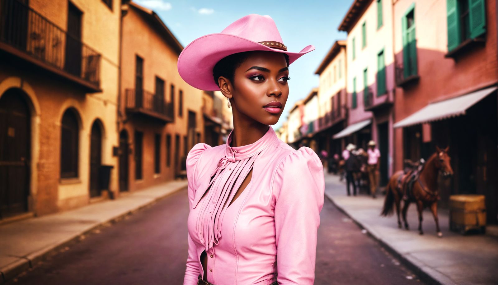Ebony Cowgirl in Pink Leather on Bustling Street