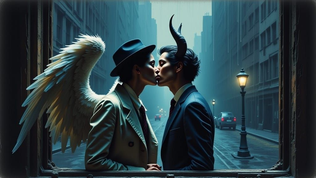 Angel and Devil's Kiss: Dreamlike 1940s Scene