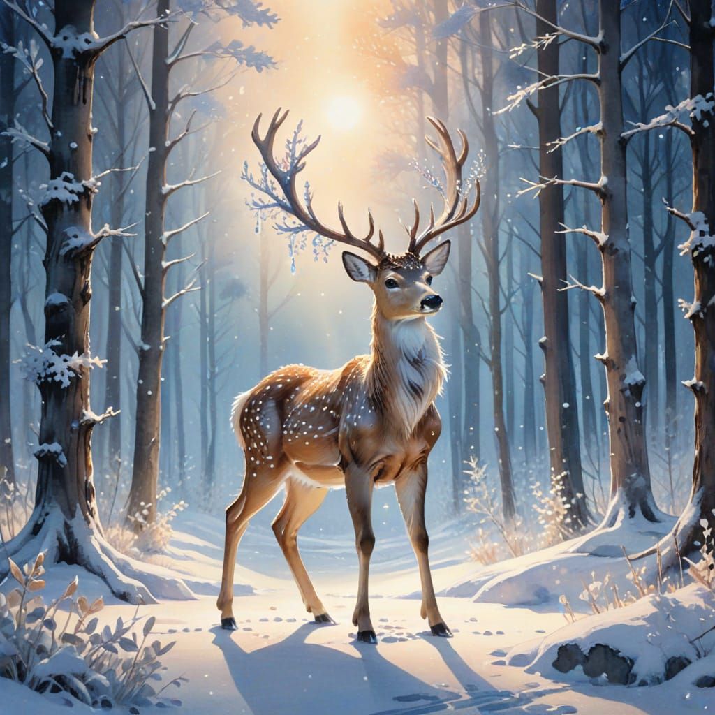 Moonlight Deer with Crystal Antlers in Winter Forest