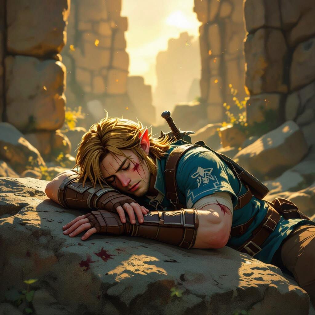 Tired Hero Rests Amidst Sunlit Ancient Ruins