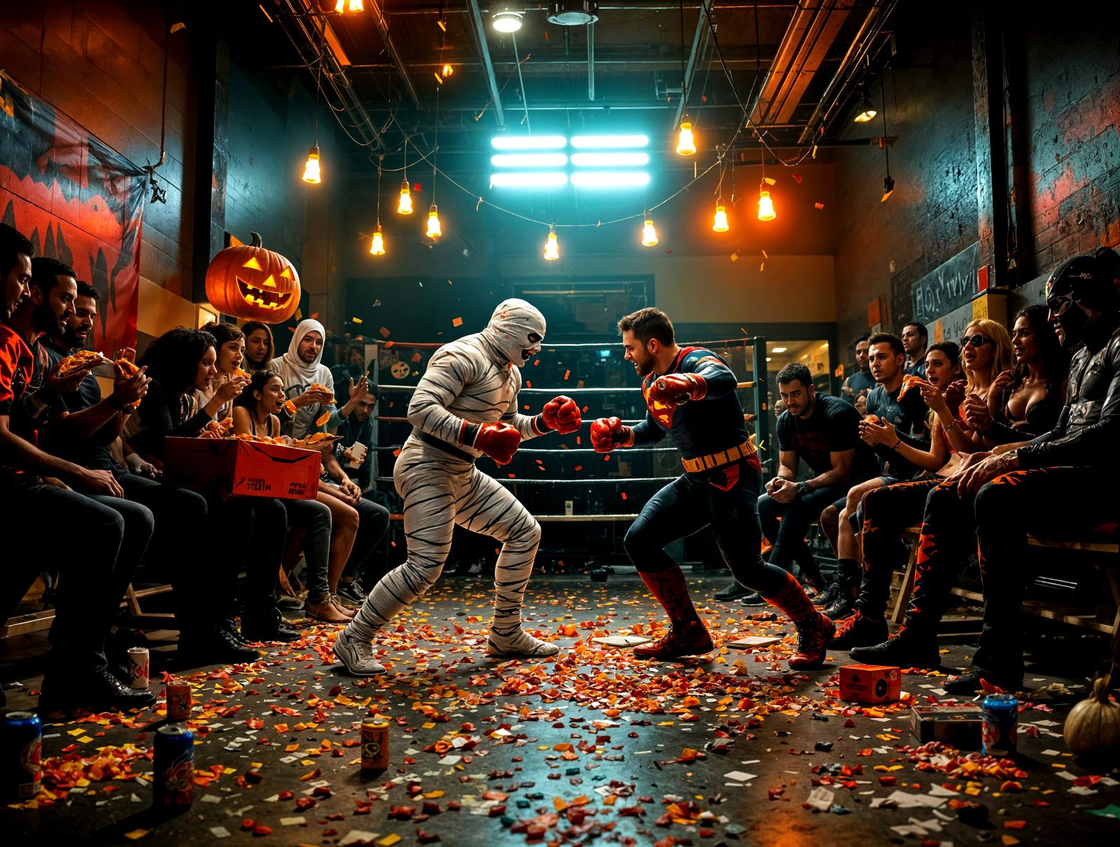 Boxers Party After Halloween with Pizza and Neon Lights