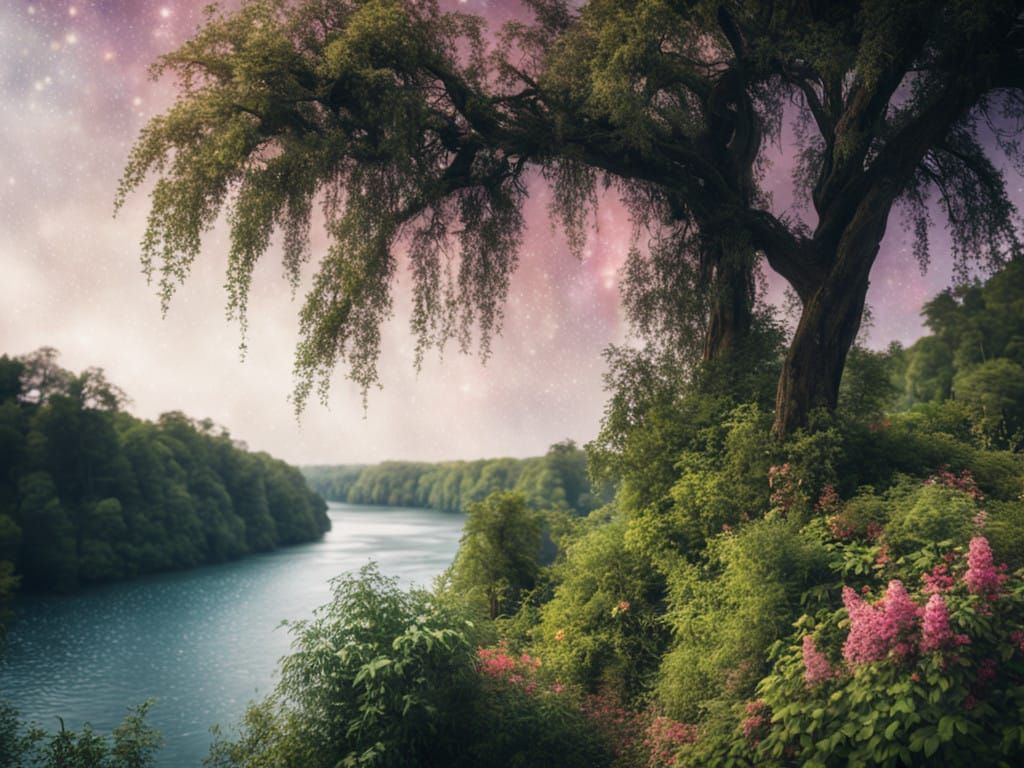 Celestial Waterfall Oasis in Vibrant Bloom