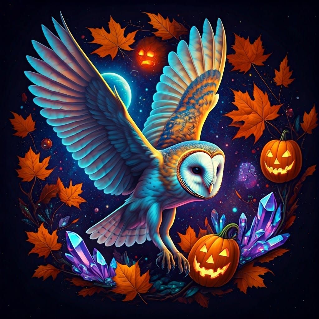 Iridescent Barn Owl in Cosmic Halloween Scene
