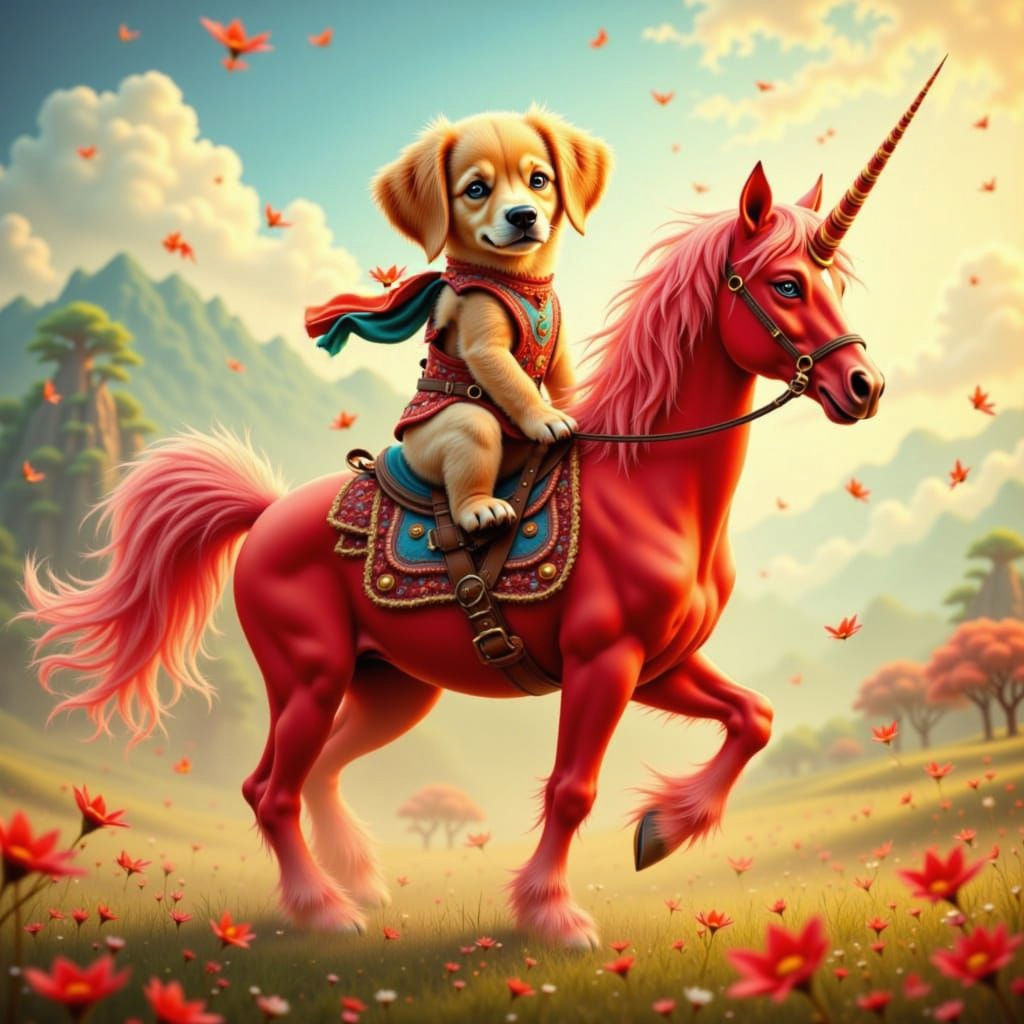 Puppy Rides a Magical Red Unicorn