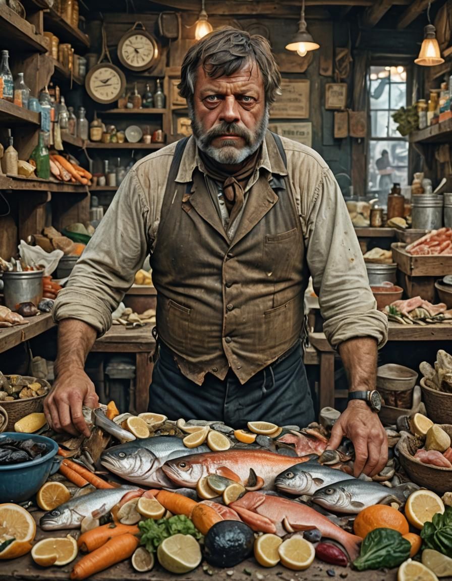 Oliver Reed as Soiled Fishmonger: 1880s Folk Art