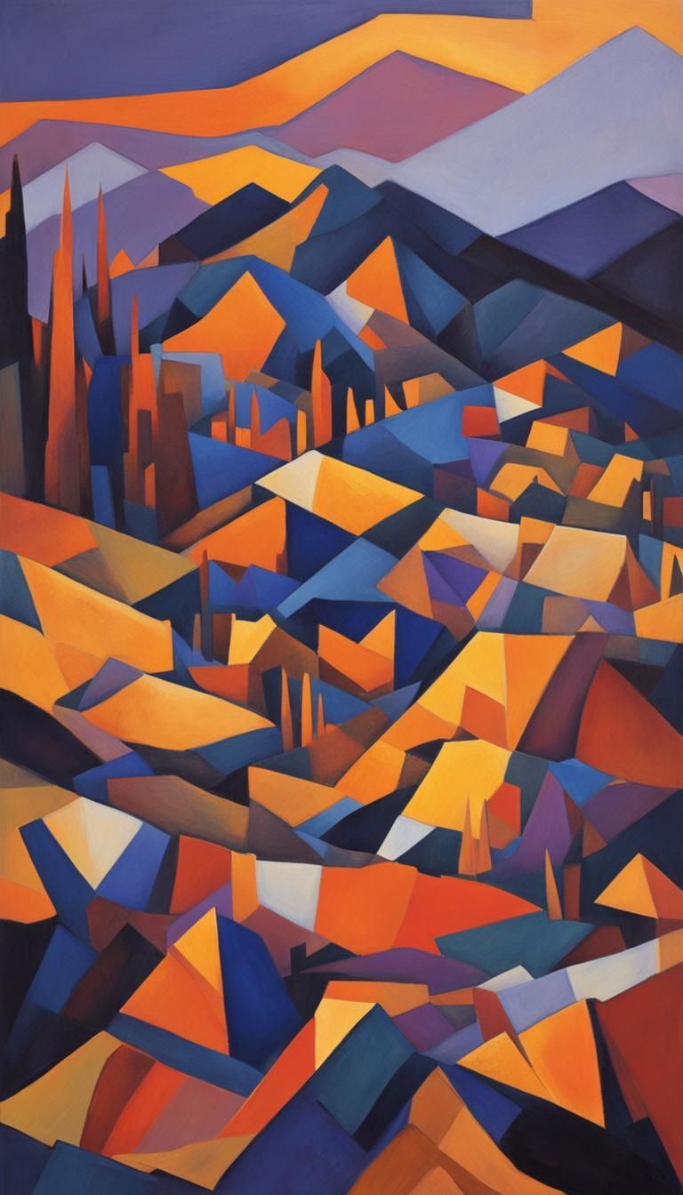 Cubist Mountain Landscape with Geometric Forms