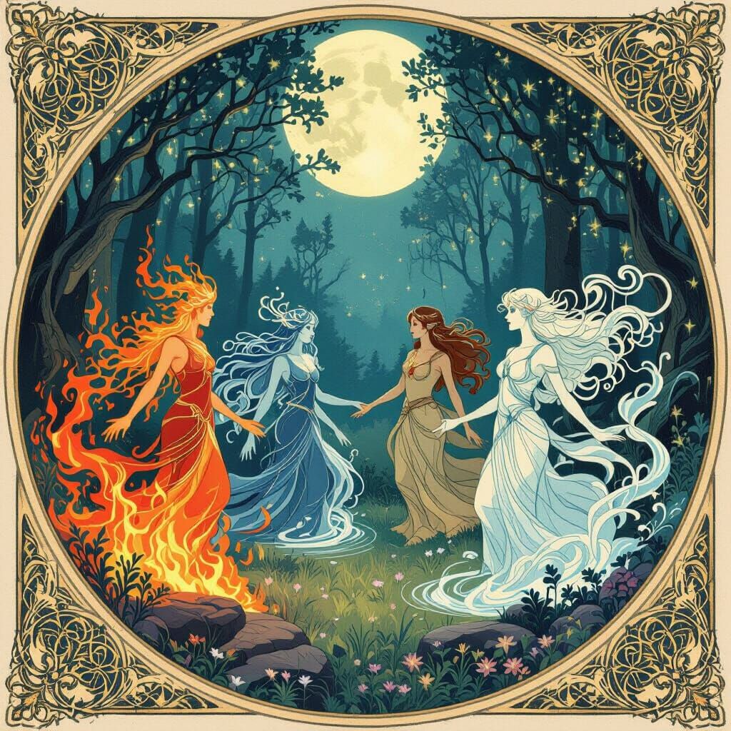 Elemental Spirits in Mystical Forest Clearing