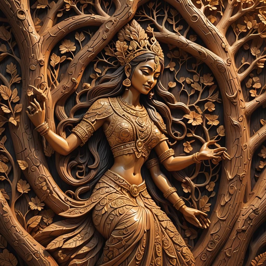 Indian Goddess Sowing Life: Wood Carving Art