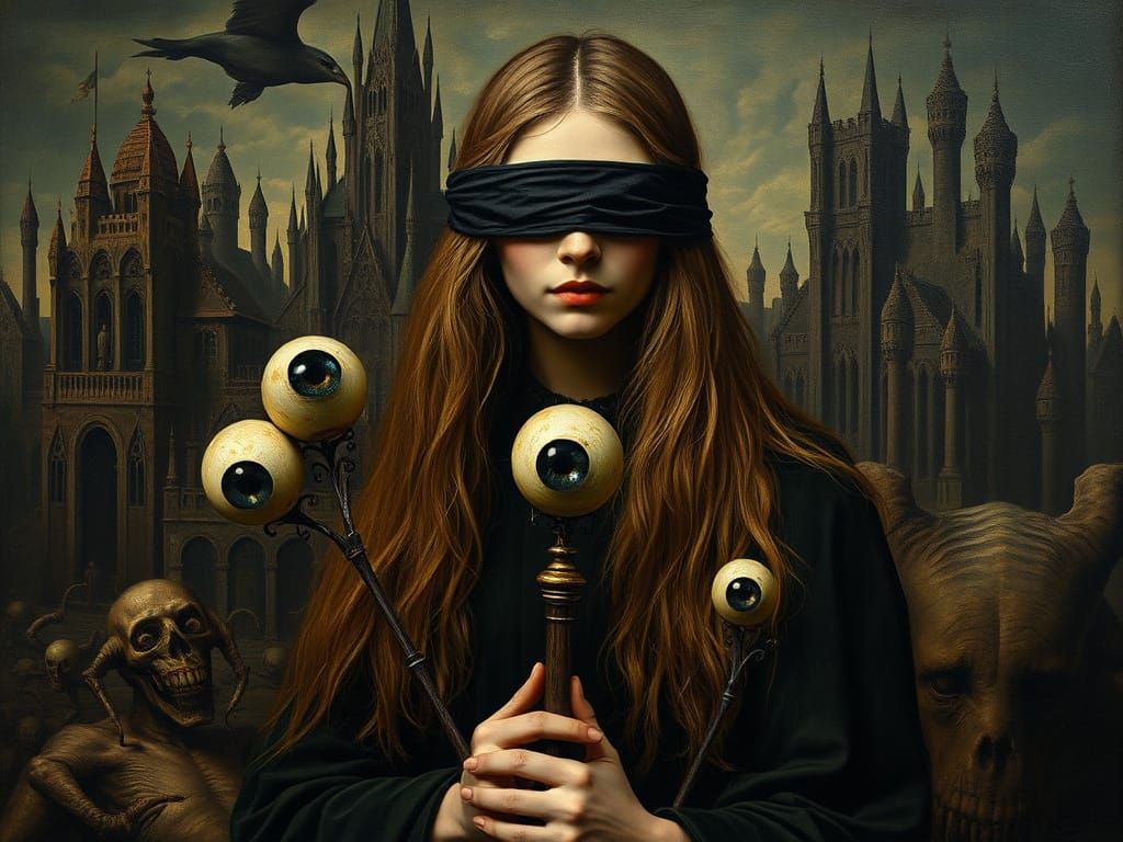 Eldritch Seer in Decayed City: Oil Painting