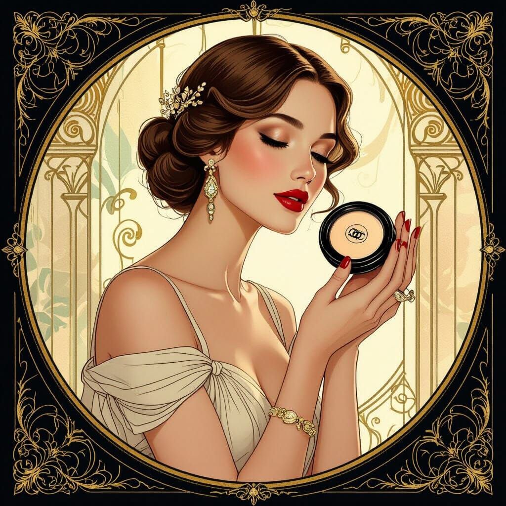 Elegant Woman Applies Chanel Powder: Art Nouveau Style