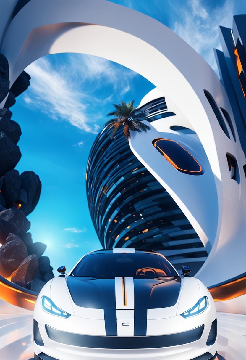 Futuristic Building with Sleek Silver Vehicle, Hyperrealisti...