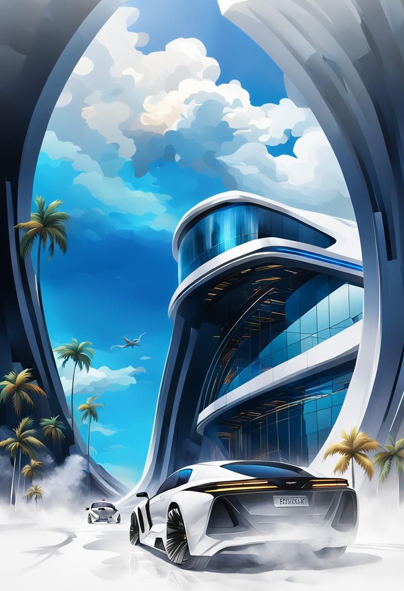 Futuristic White Building with Gold Accents: Hyperrealistic ...