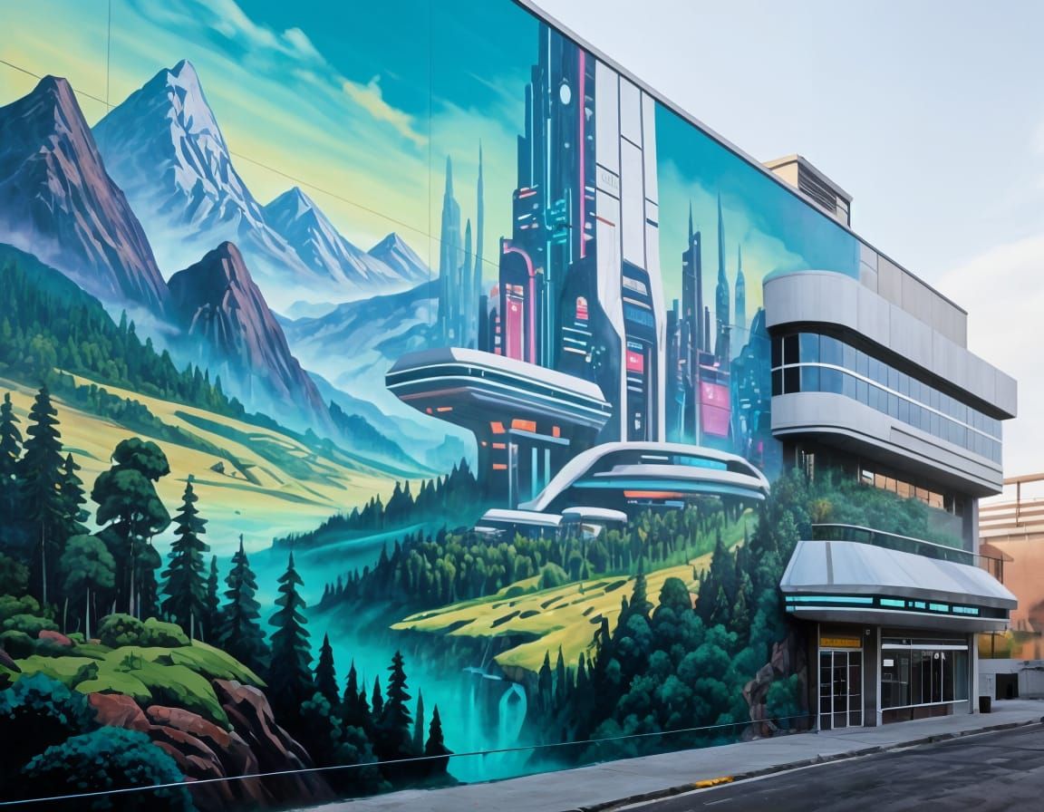 Futuristic Building Mural with Fantasy Landscapes