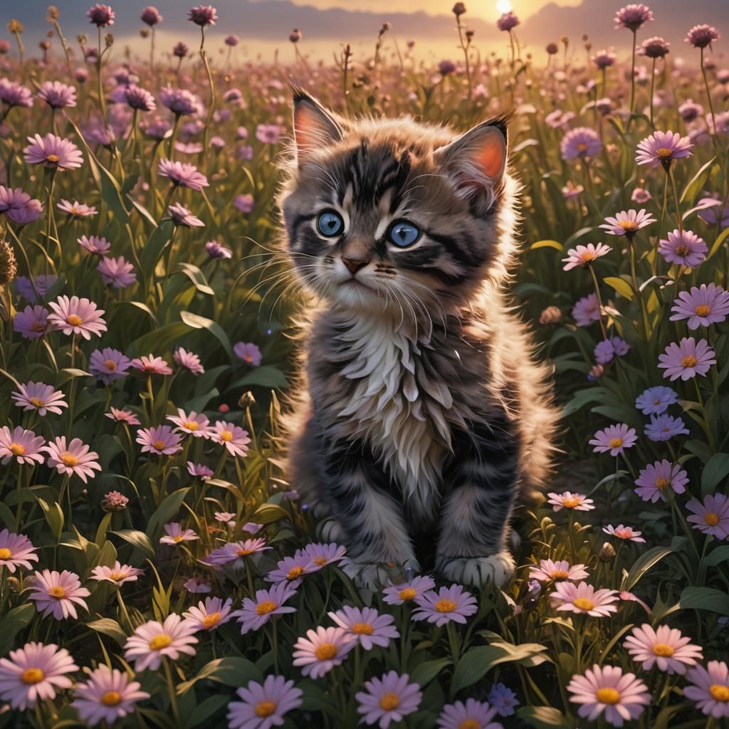 Kitten's Sunset Play: Detailed Fantasy Art