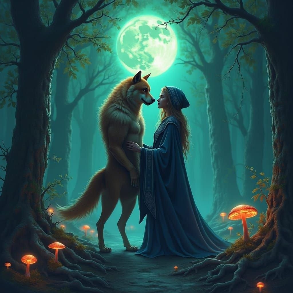 Werewolf and Witch Companions in Forest under Full Moon