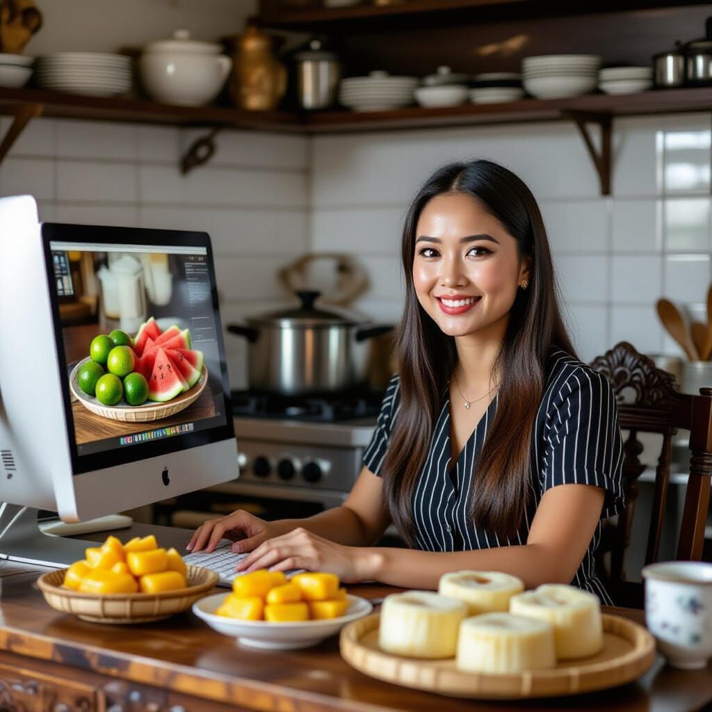 Thai Woman at Desk with Kitchen Scene