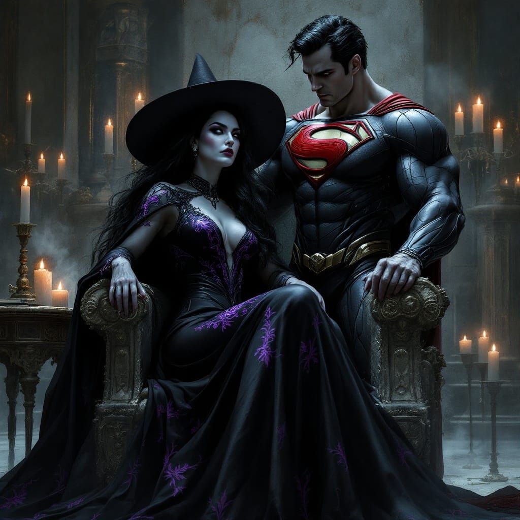Dark Gothic Witch and Superman in a Dynamic Artwork