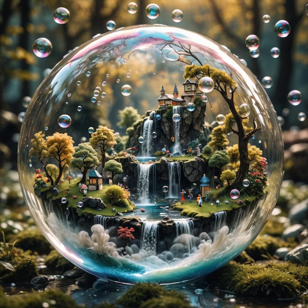 Miniature World with Waterfall Inside Soap Bubble