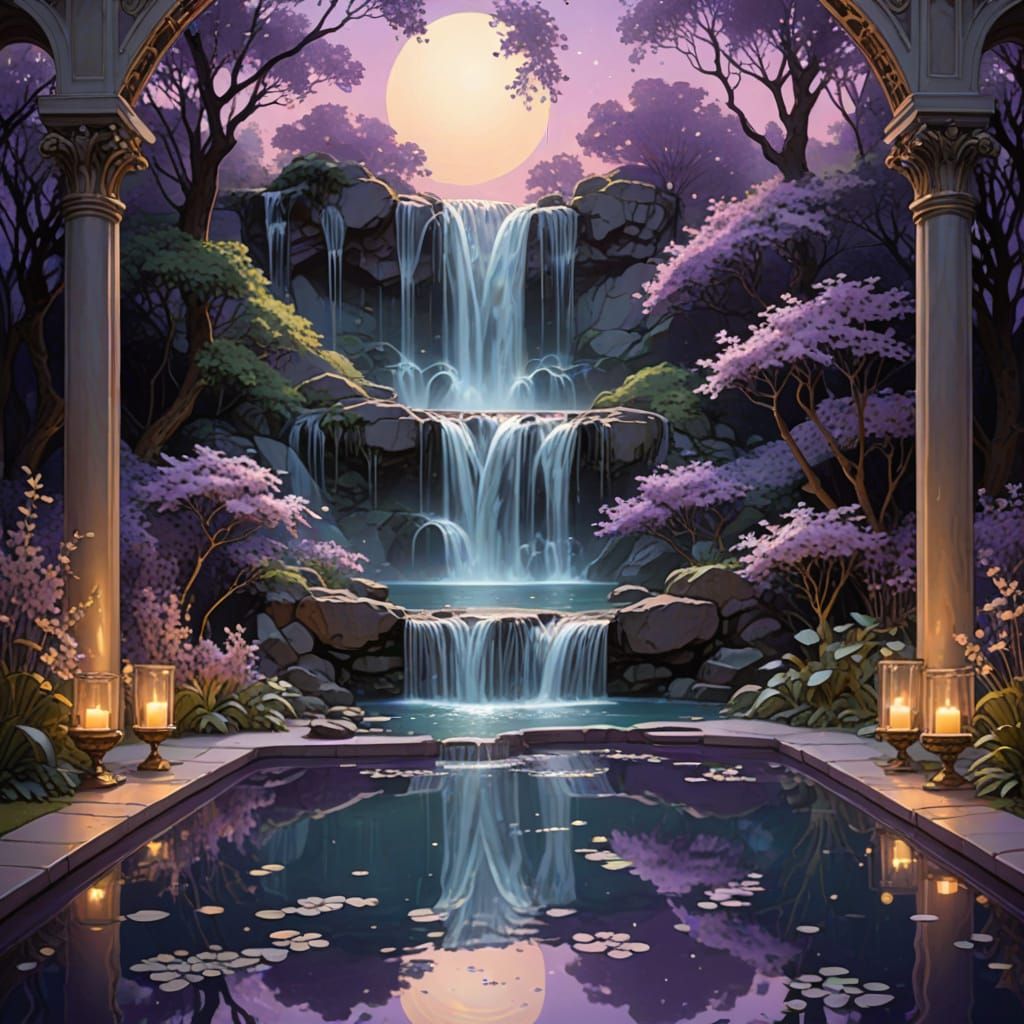 Art Nouveau Waterfall in Dreamlike Purple Landscape