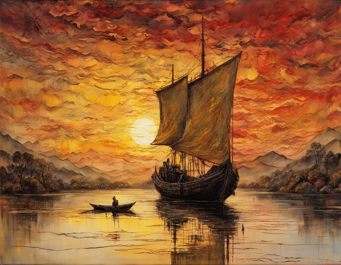 A majestic Chinese junk boat sails serenely on a calm sea du...