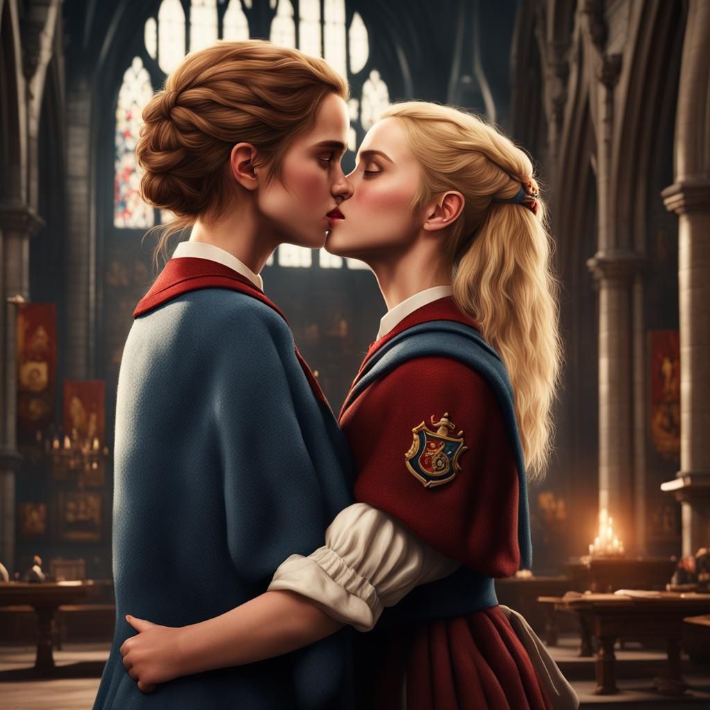 Emma Watson and Luna Lovegood Kissing: Hyperrealistic Art