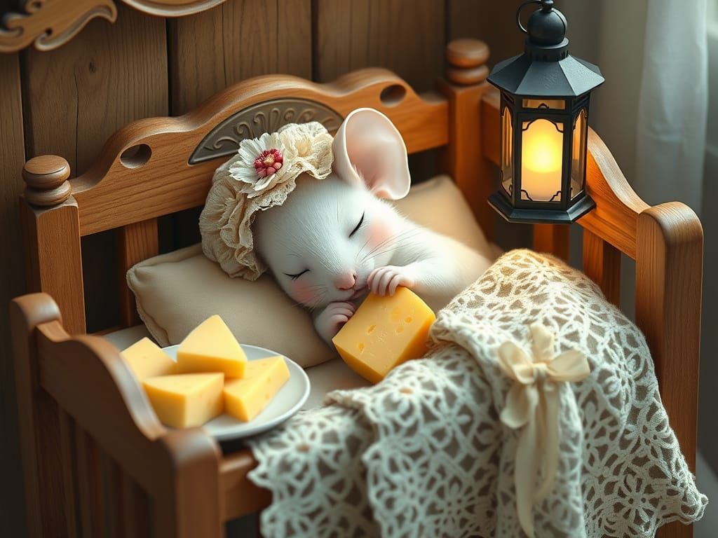 Whimsical Mouse Sleeps in Cozy Crib with Cheese