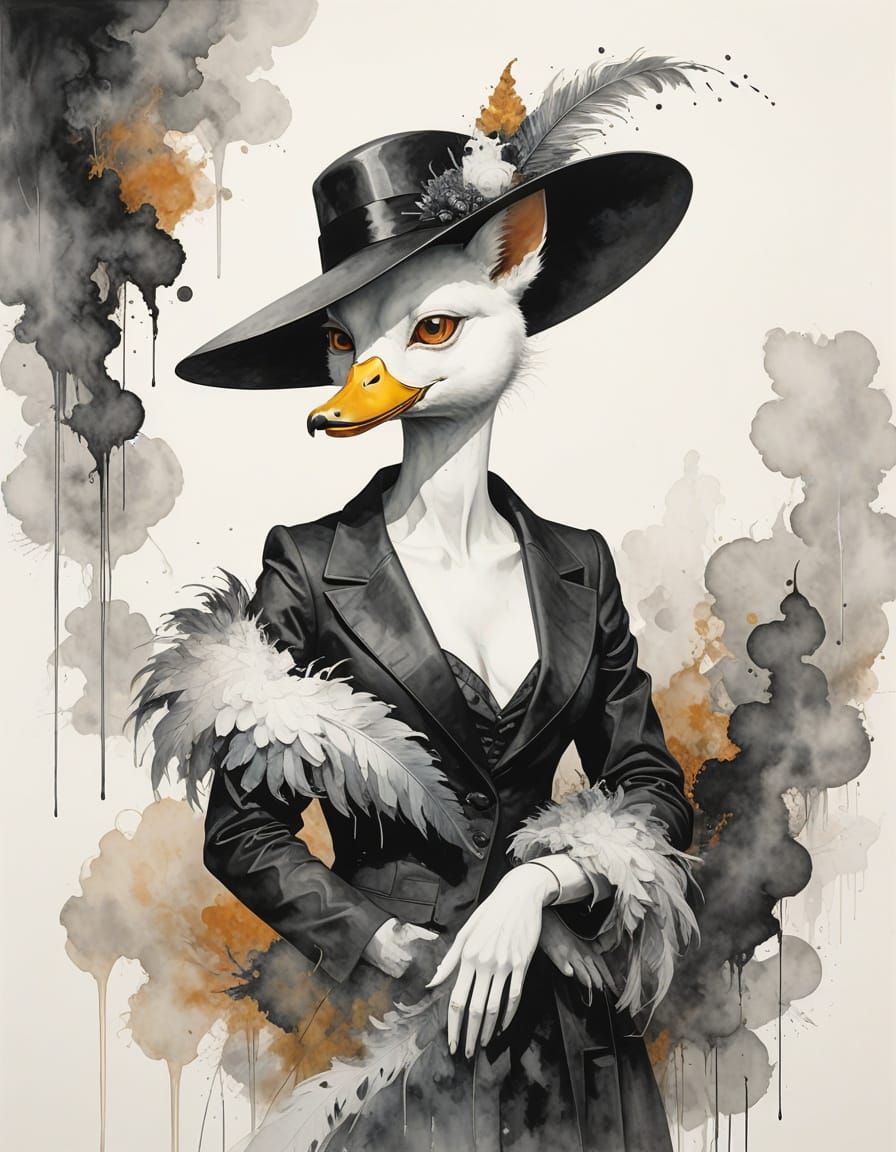 Hybrid Duck-Cat Creature in Art Deco Splatterpunk Style