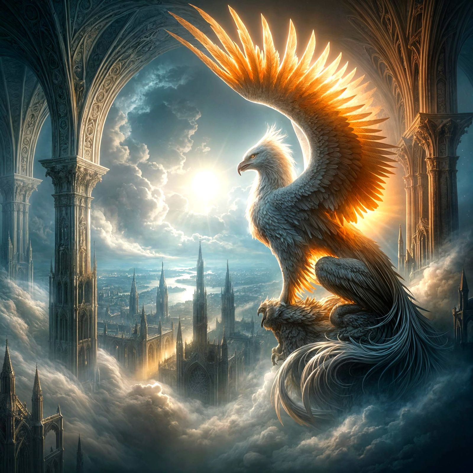 Ethereal Griffin Overlooking Misty City in Fantasy Art Style