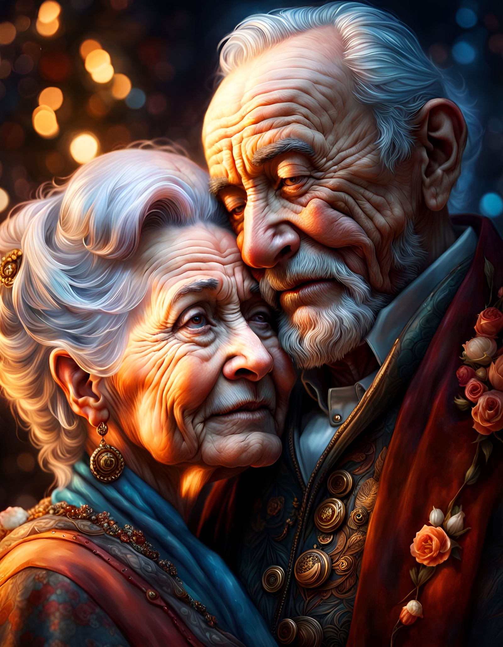 Loving Elderly Couple Embrace: Fantasycore Digital Art