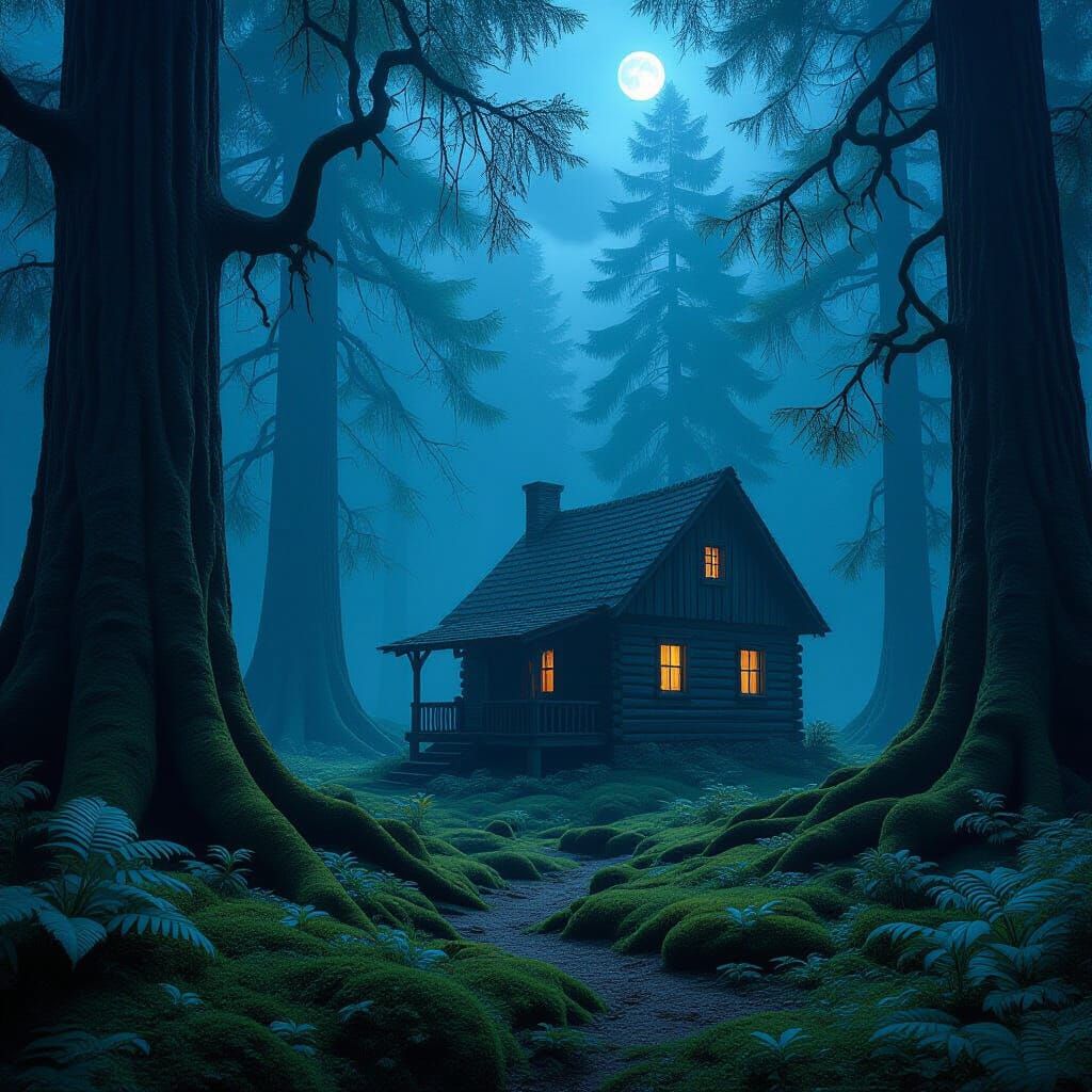 Ethereal Forest Cabin in Mystical Light