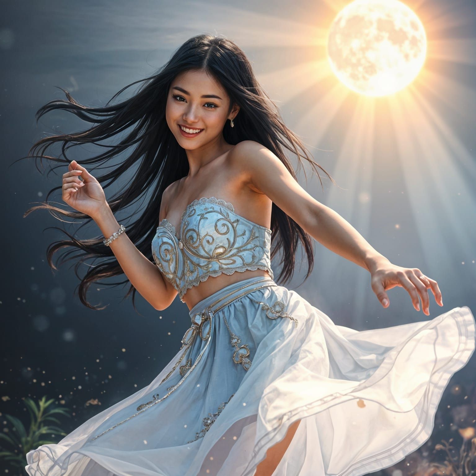 Asian Woman Dancing in Moonlight: Detailed Matte Painting