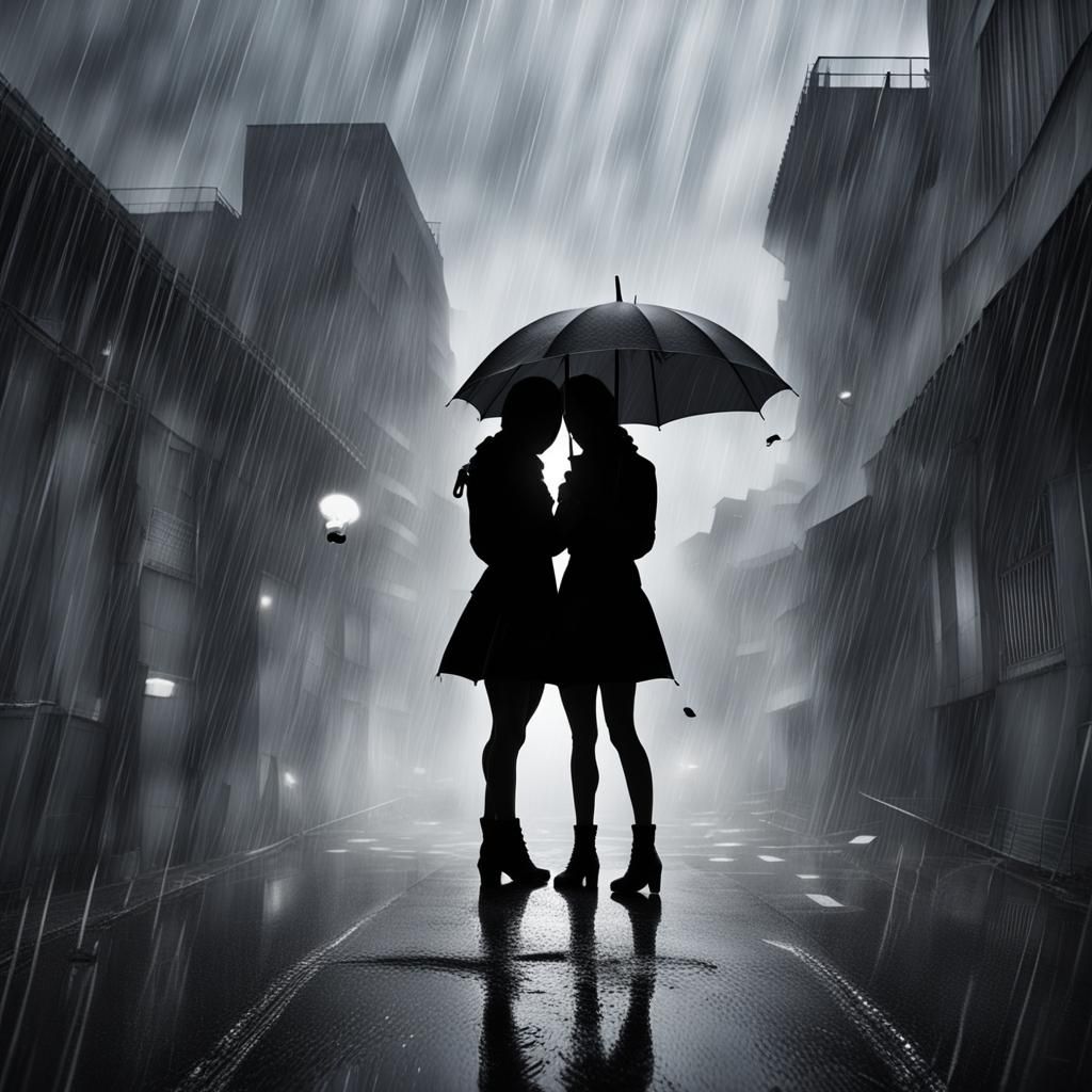 Girls in Silhouette Share Umbrella During Storm