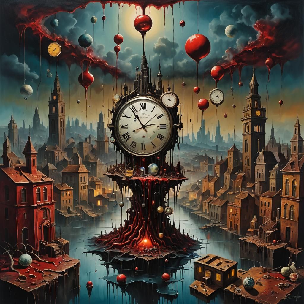 Surreal Cityscape of Forgotten Objects in Crimson Sky