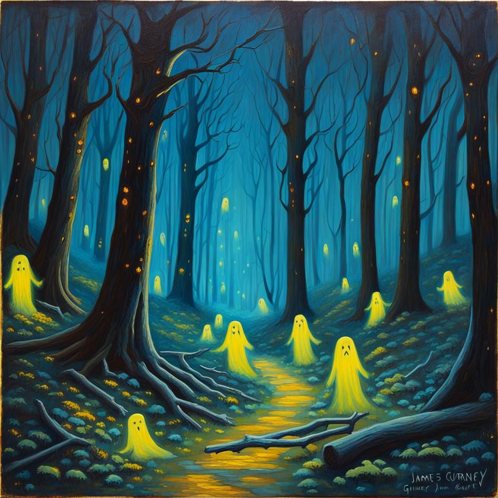 Glowing Ghosts in Whispering Woods Oil Painting