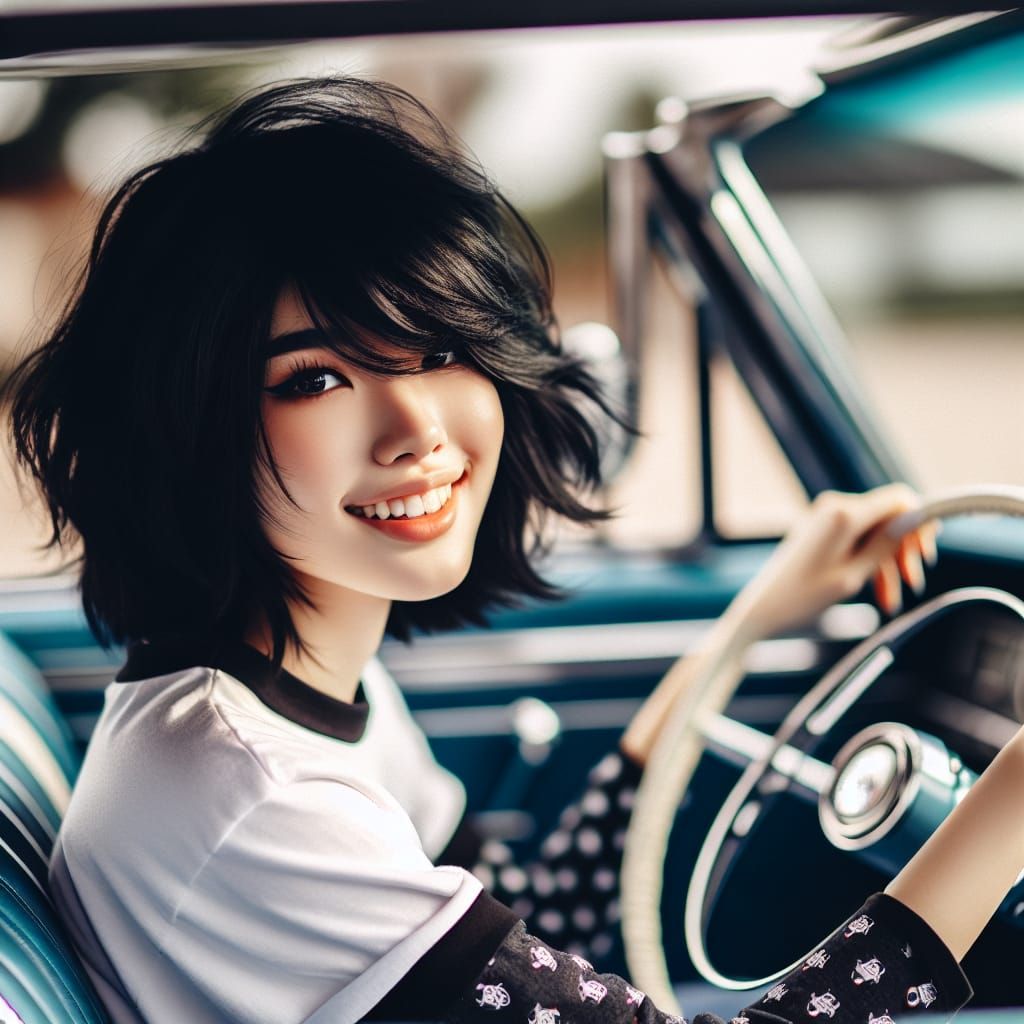 Caucasian Emo Girl Smiling in 1957 Chevy Bel Air