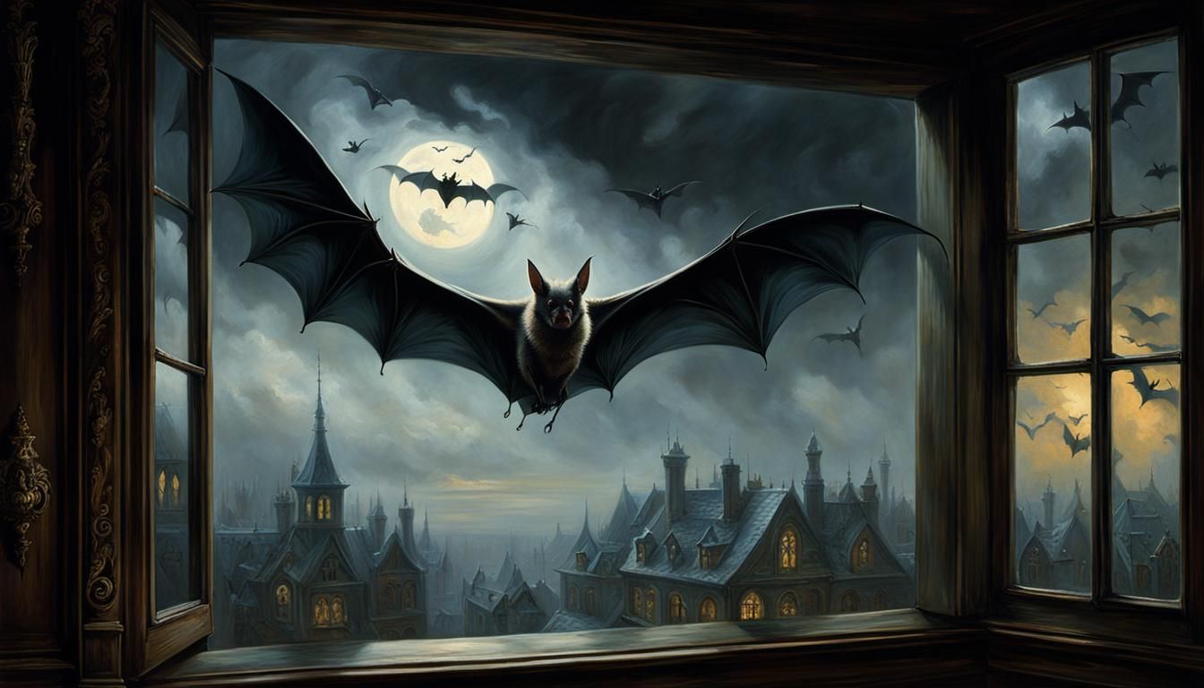 Great Bat at Window in Ethereal Oil Painting