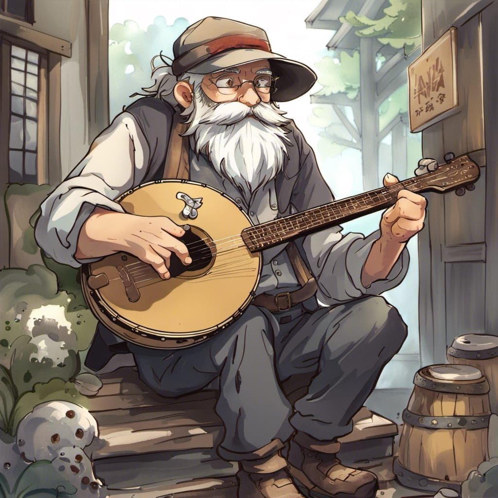 Anime Hobo with Silver Beard Playing Banjo