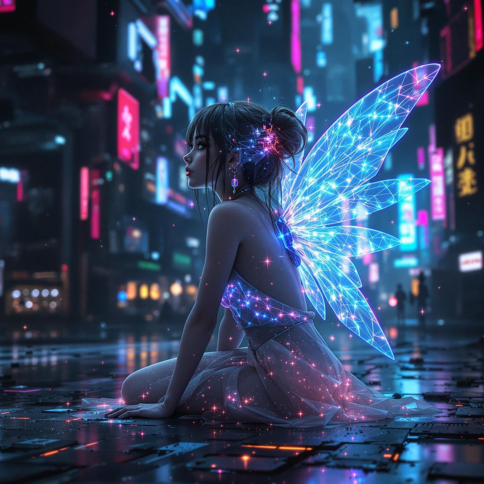 Cyberpunk Fairy with Holographic Wings