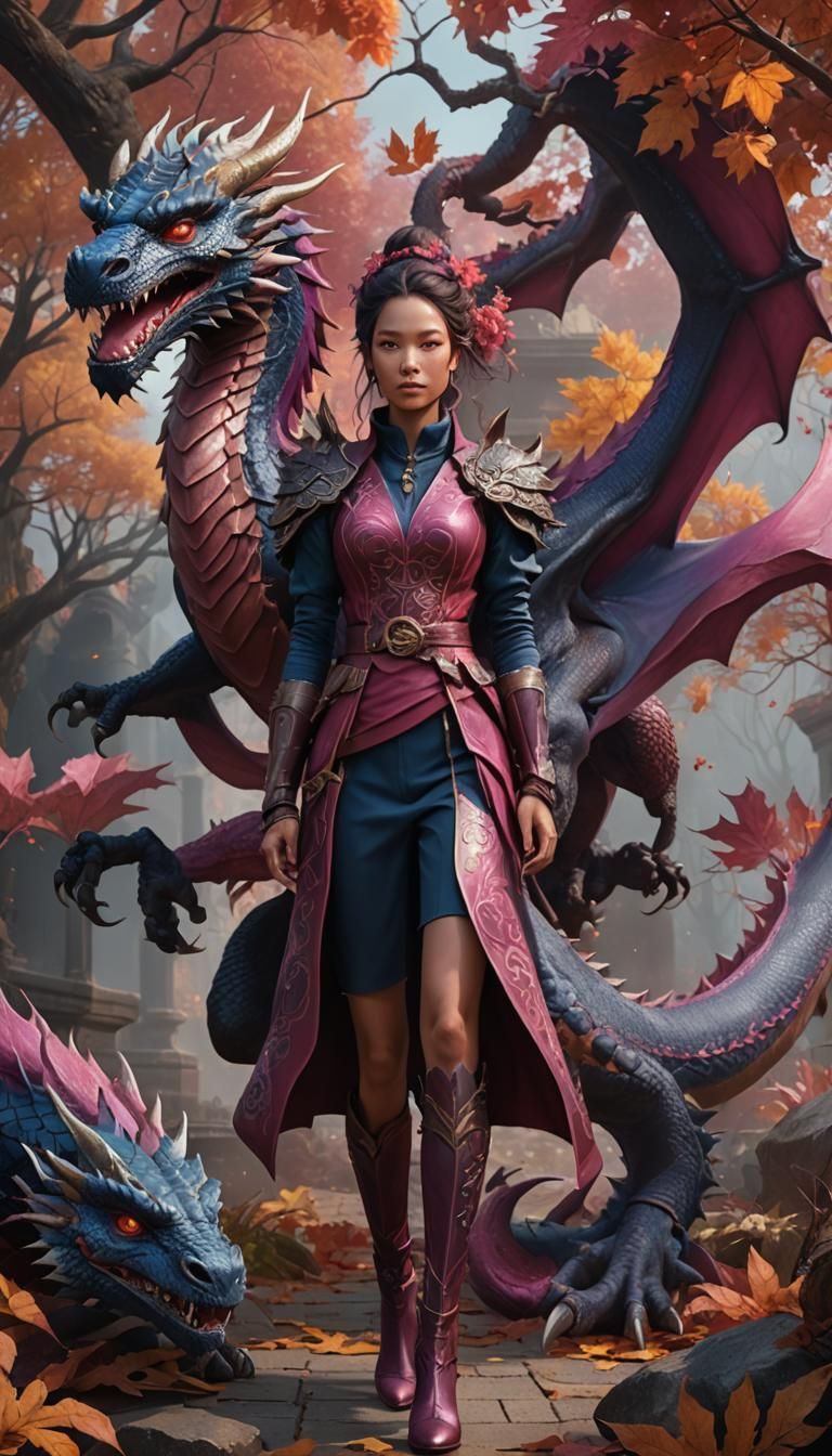 Autumn Woman and Dragon: Fantasy Concept Art