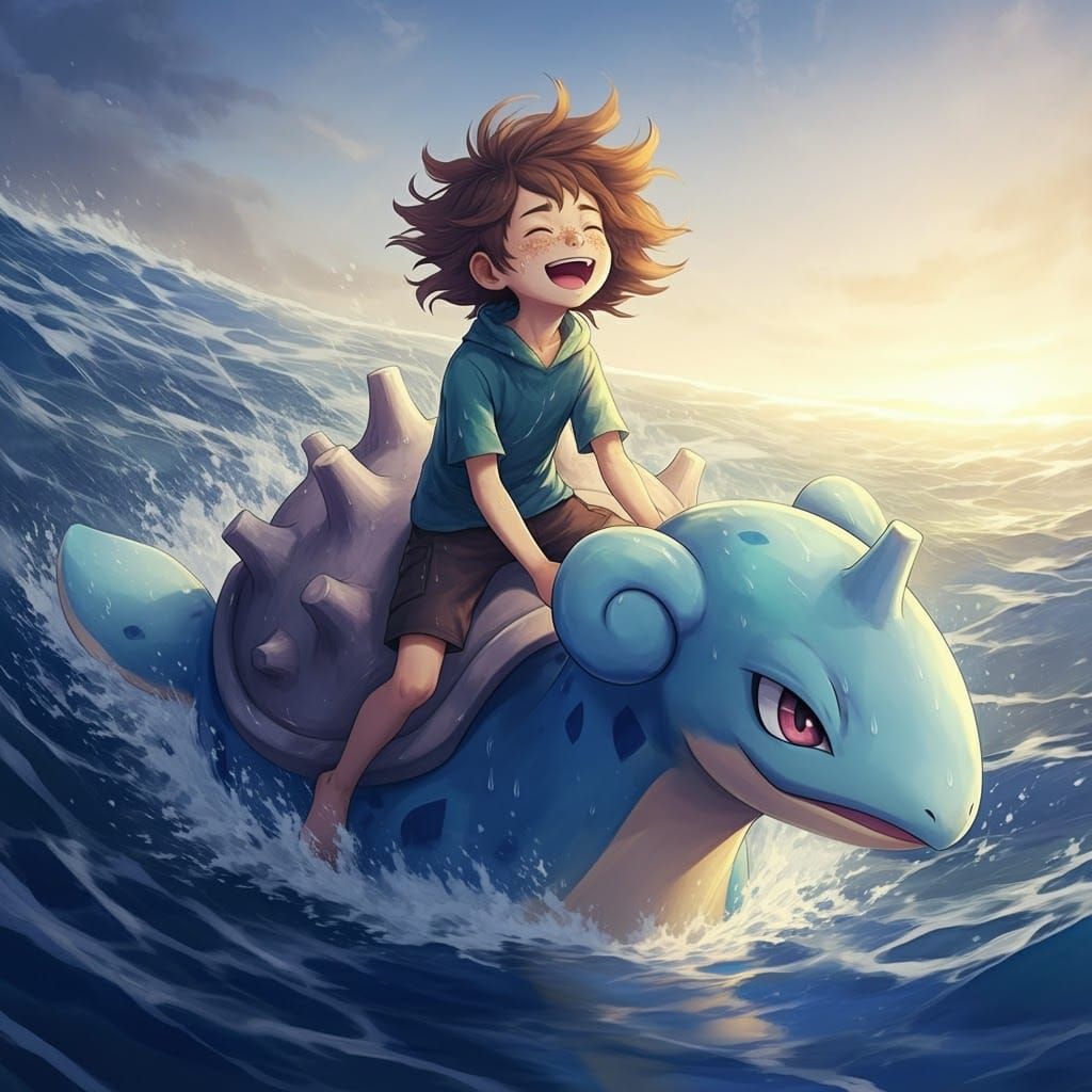 Boy Rides Lapras on Turbulent Ocean, Animated Style