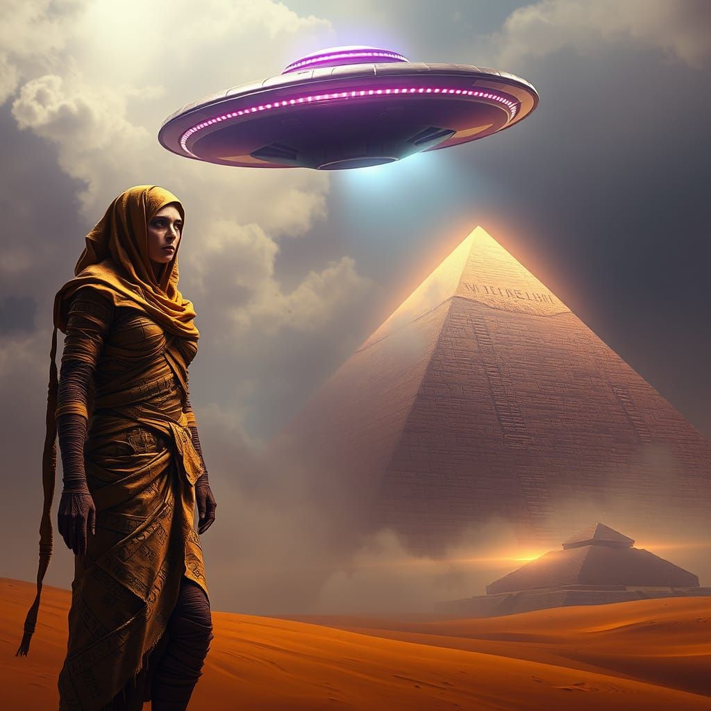 Majestic Mummy in Dark Fantasy Pyramid Scene with Flying Sau...
