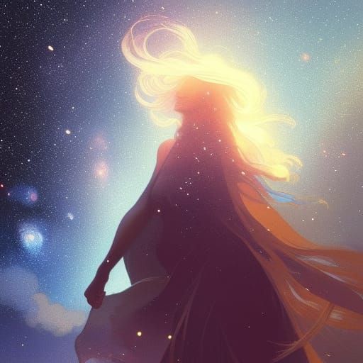 Silhouette of a woman over a Landscape with a night sky full of stars head and shoulders portrait, 8k resolution concept...