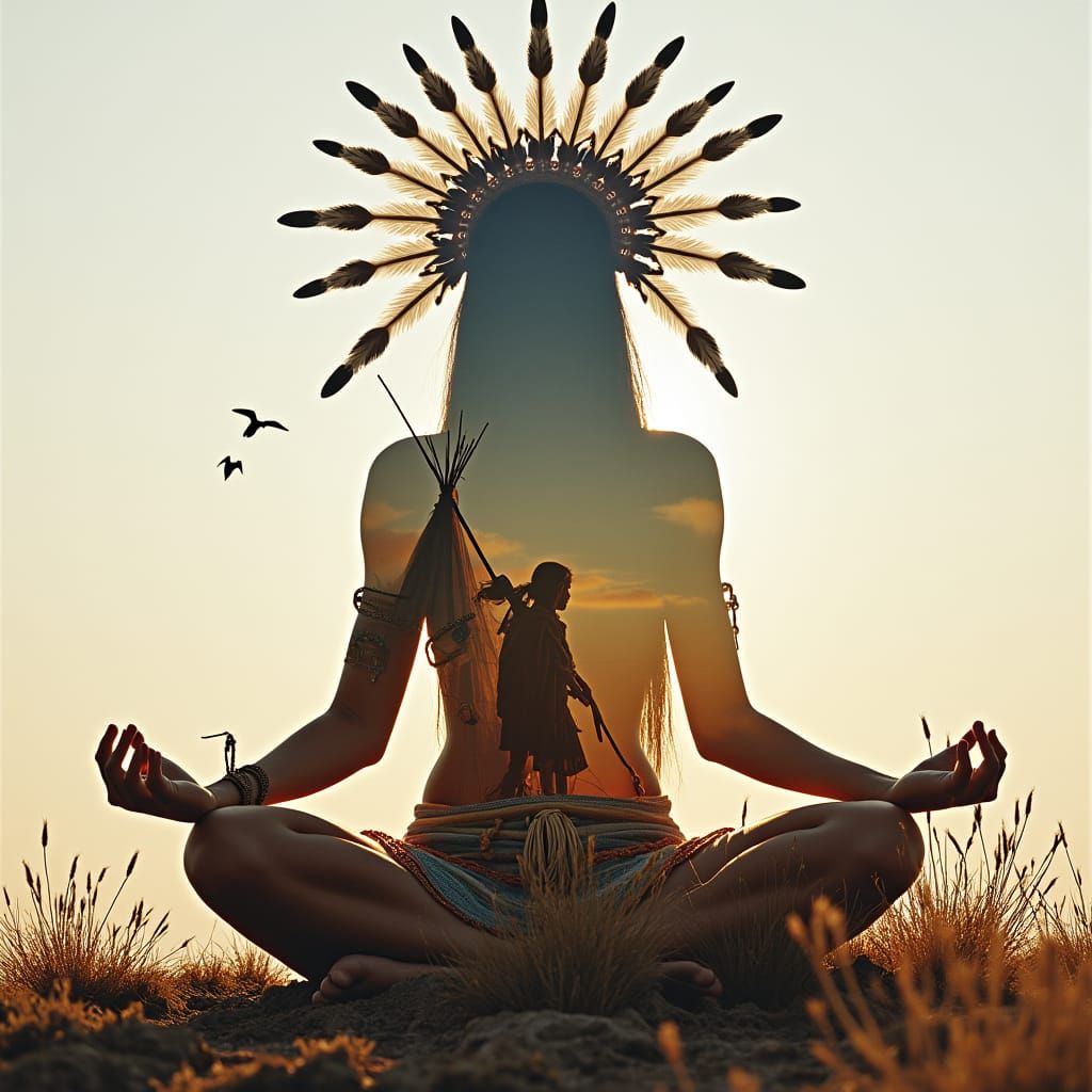 Native American Woman Merging with Ancestral Lands