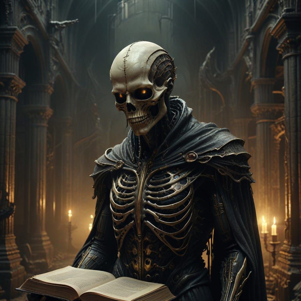 Mysterious Figure Emerges from Ancient Tomes in Dark Academi...