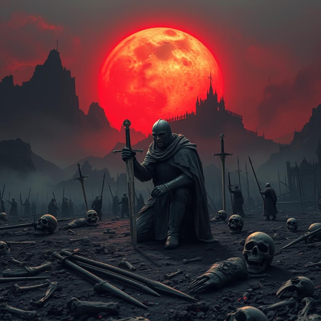 Lone Knight Kneels on Battlefield Under Red Sun