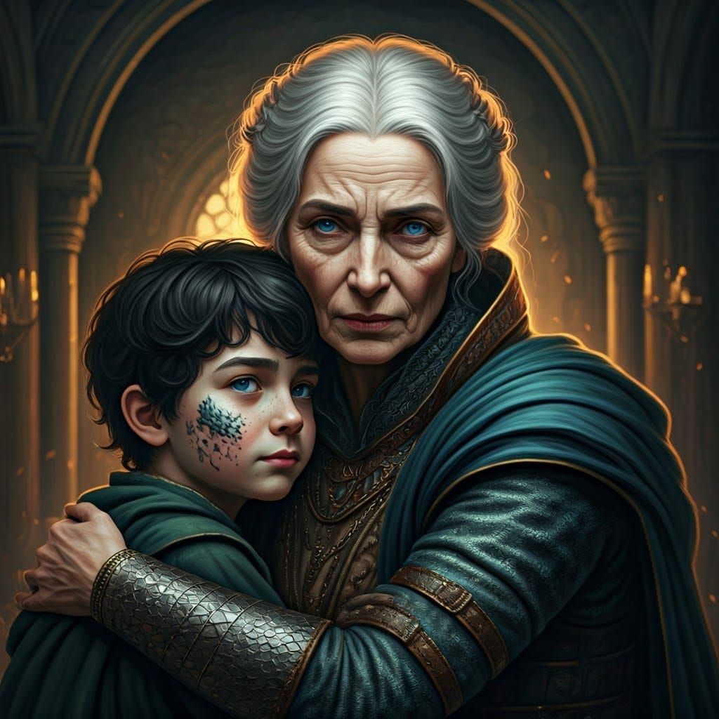 Medieval Queen's Tender Moment with Son