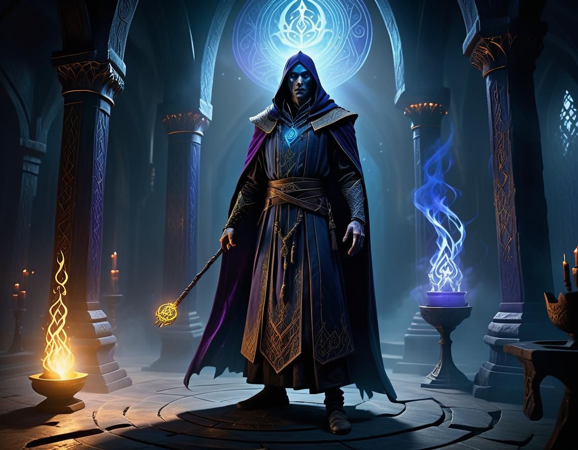 Elvish Warlock Casting Dark Ritual in Fantasy Chamber